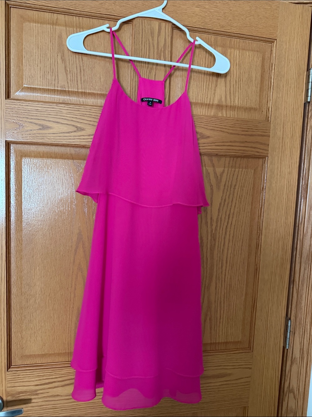 Gianni Bini Hot Pink Layered Chiffon Spaghetti-Strap Mini Dress